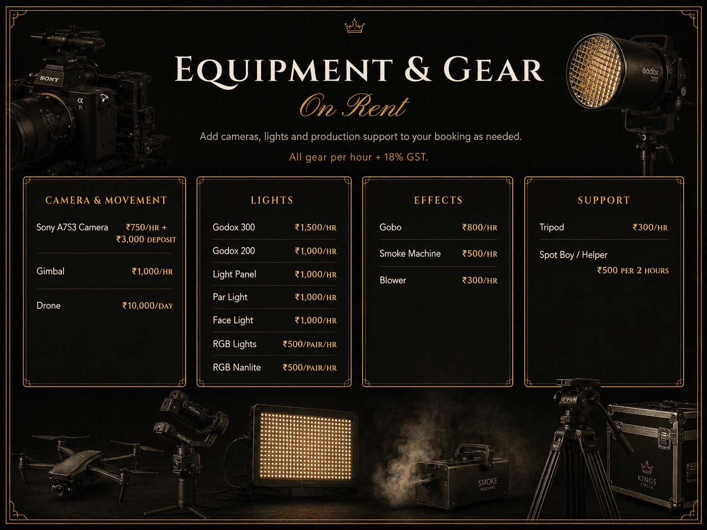 Kings Creator Space — Equipment & Gear rate card